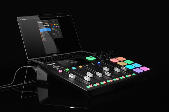 RØDECaster Pro connected via USB cable to Mac with exporting options in the Companion App