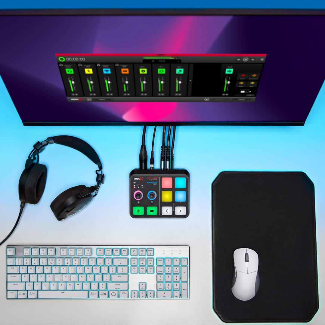 NTH-100, keyboard and mouse next to Streamer X connected to computer showing UNIFY