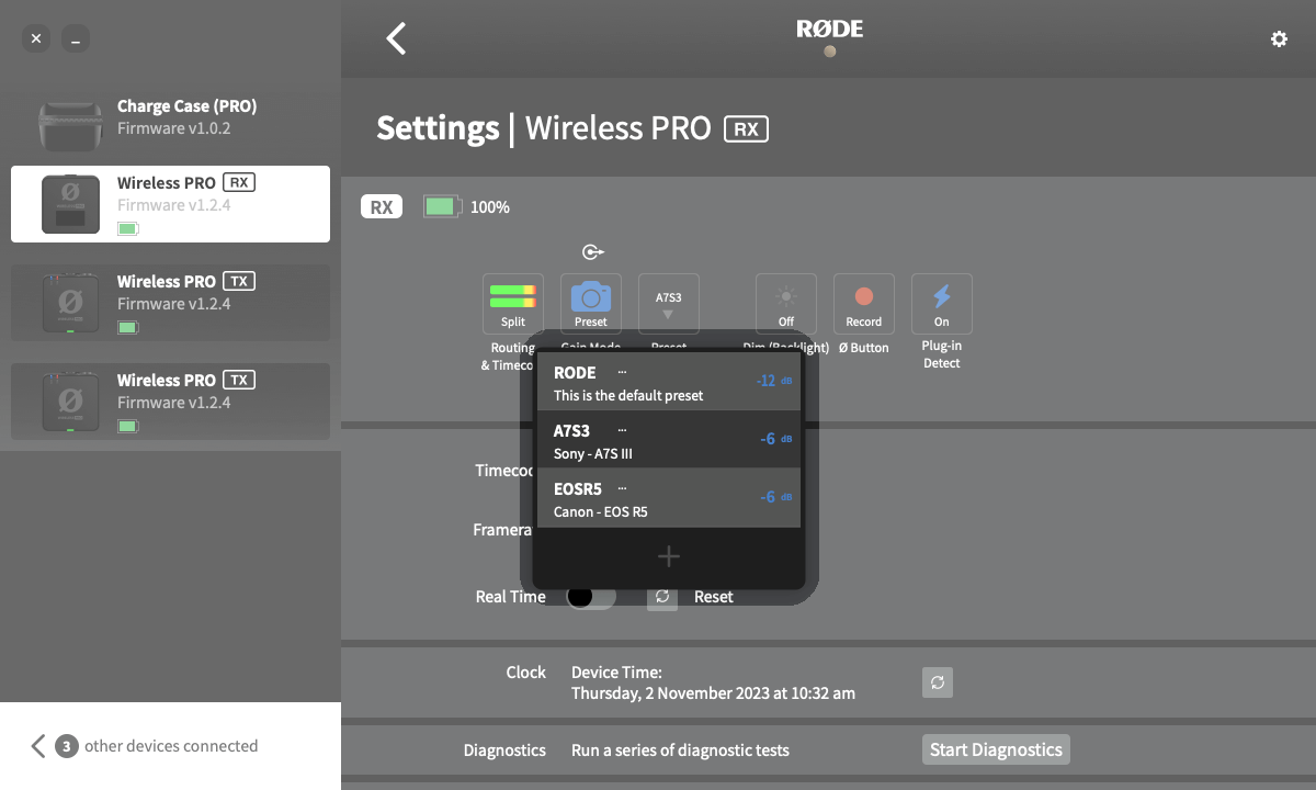 Camera presets in RØDE Central for Wireless PRO