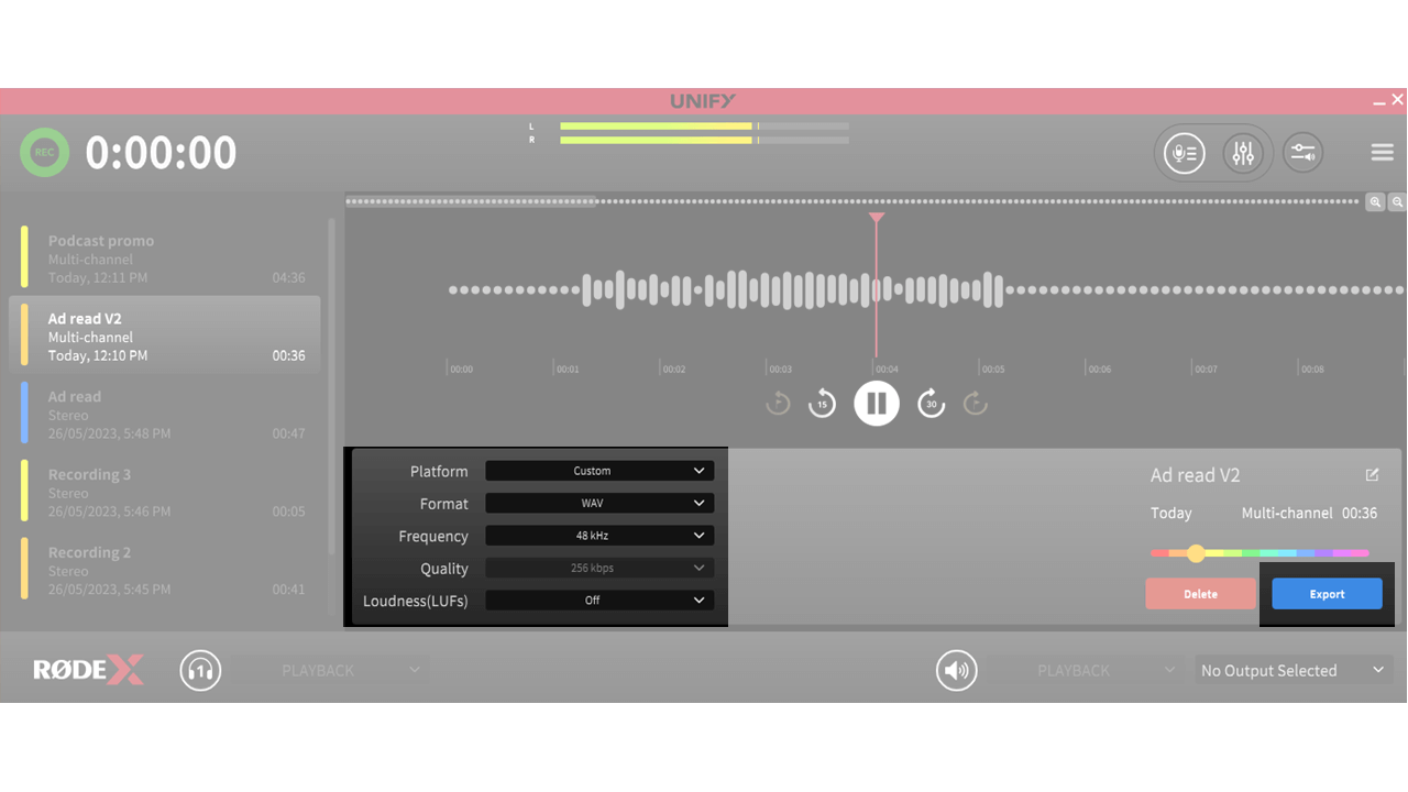 UNIFY recording export settings