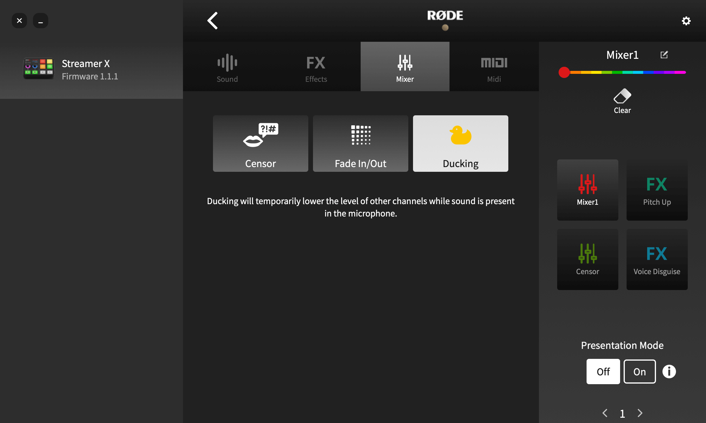 RØDE Central showing Streamer X ducking setting