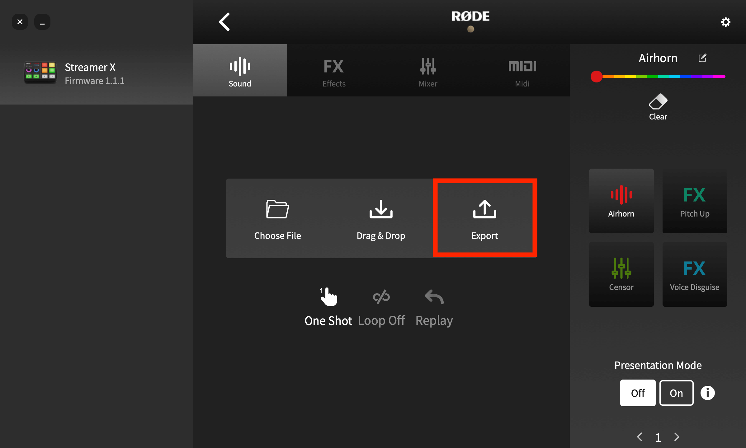 RØDE Central showing Streamer X sound pad export option