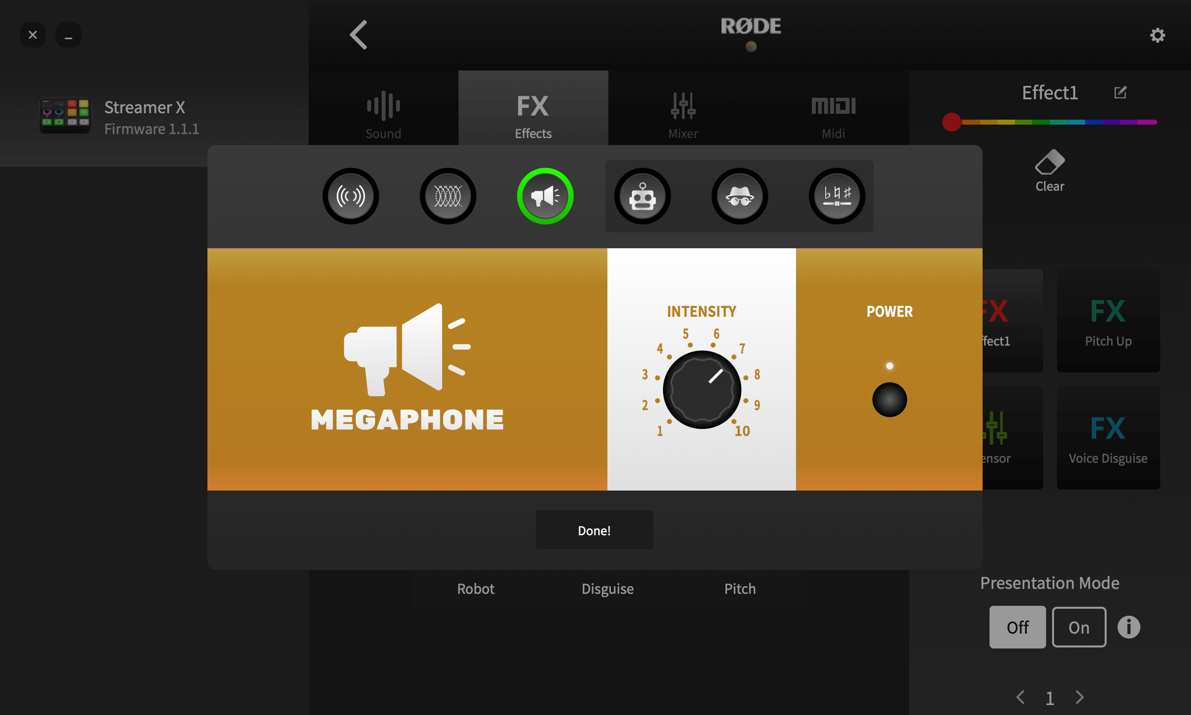 RØDE Central showing Streamer X megaphone setting