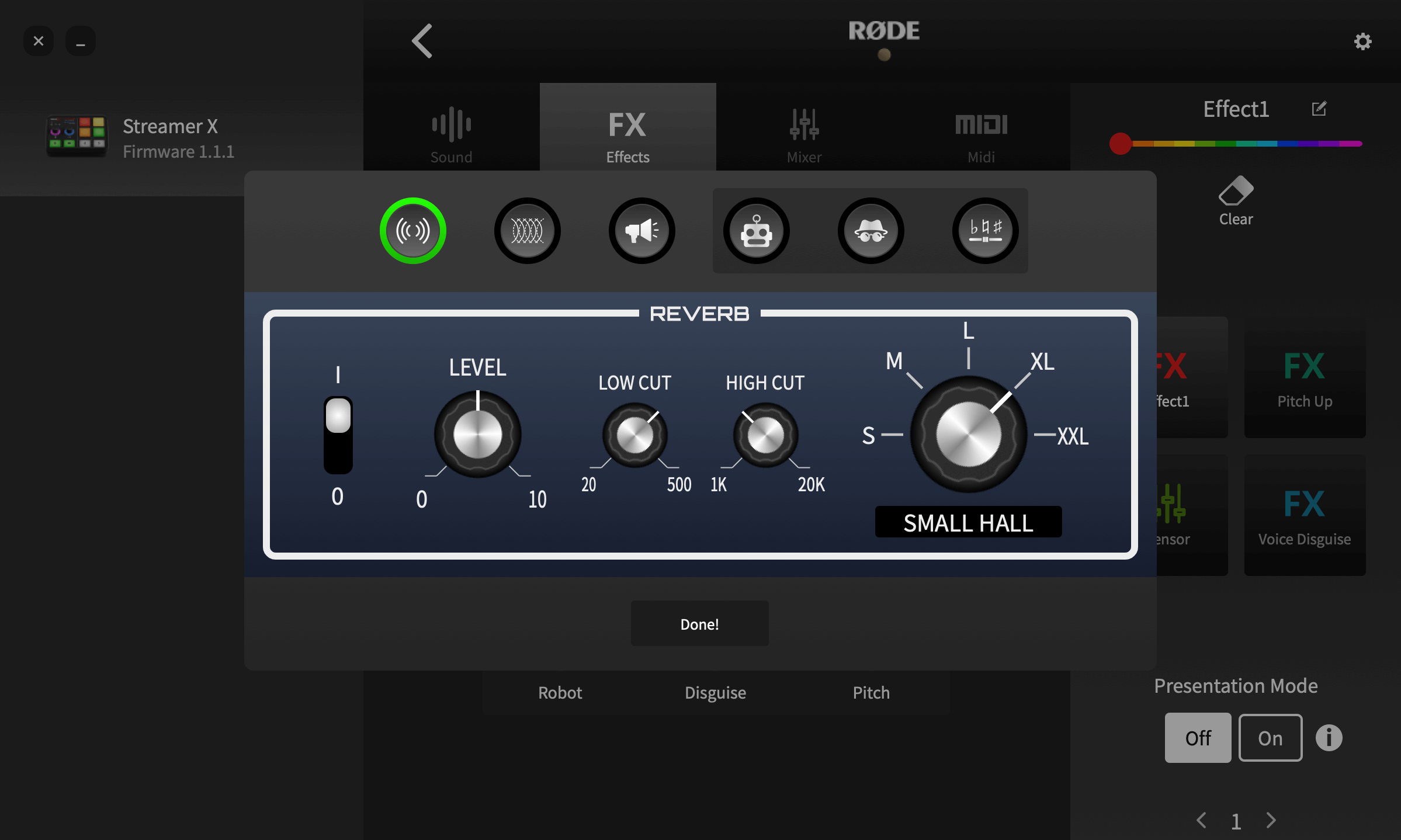 RØDE Central showing Streamer X reverb settings