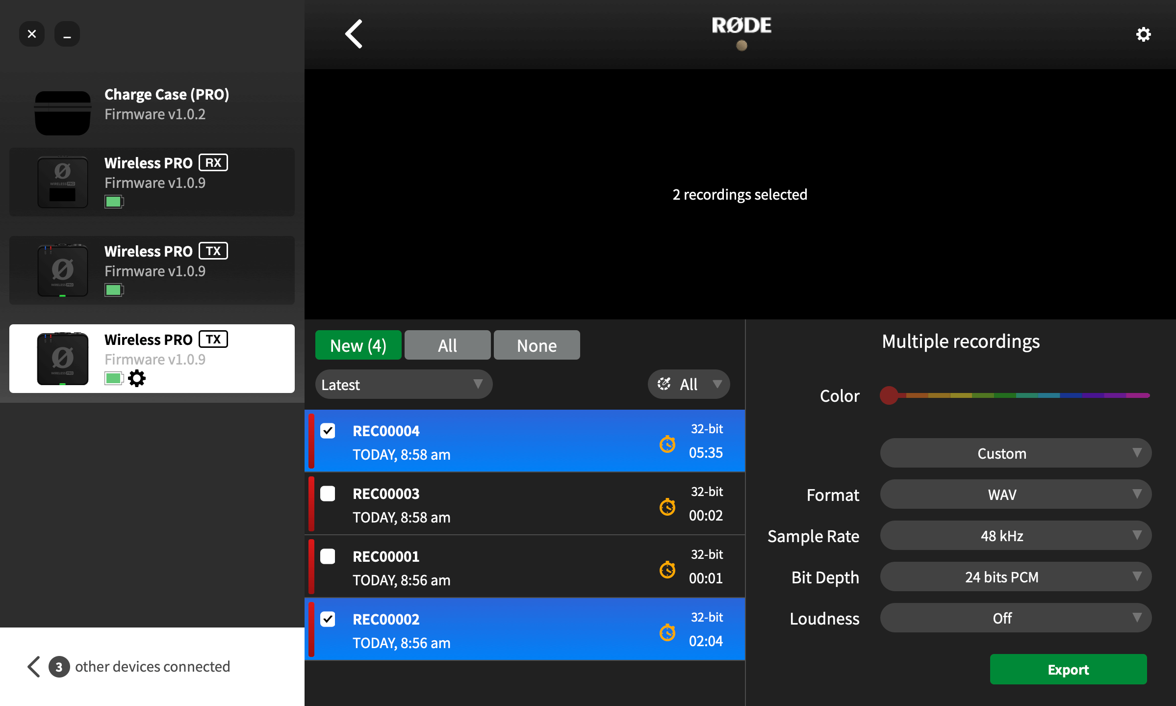 Exporting Wireless PRO recorded files in RØDE Central