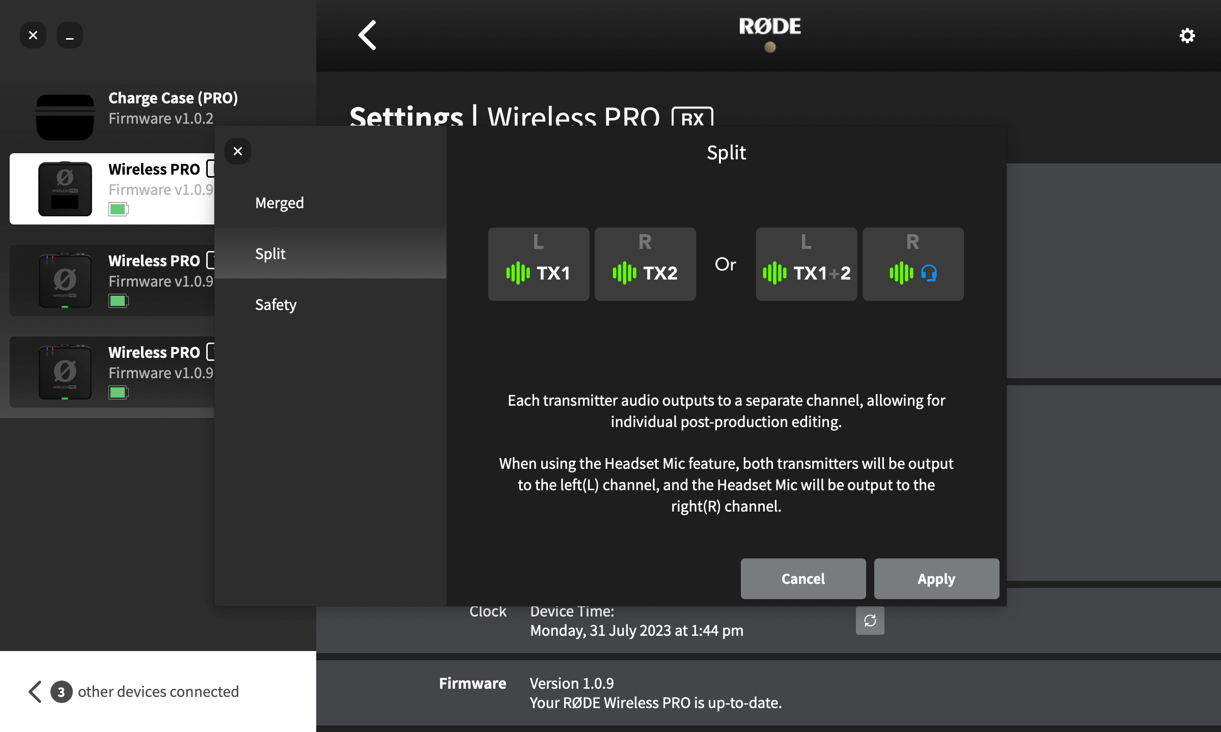 Wireless PRO routing modes in RØDE Central