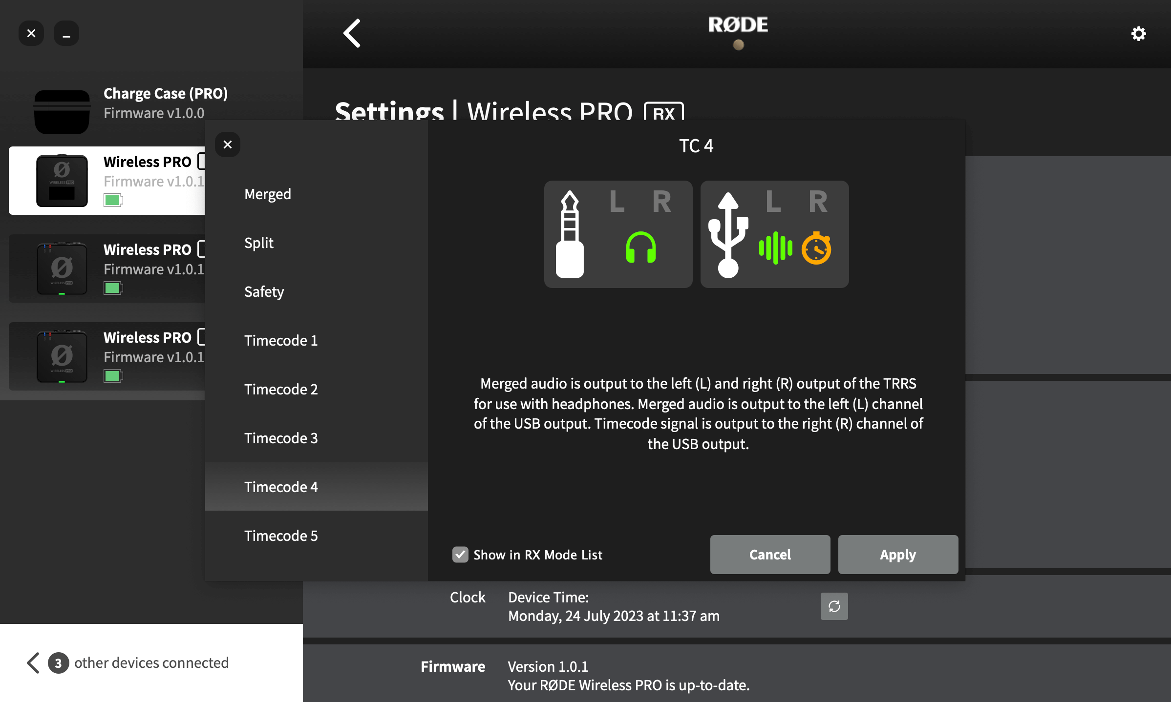 Wireless PRO Timecode Mode 4 settings