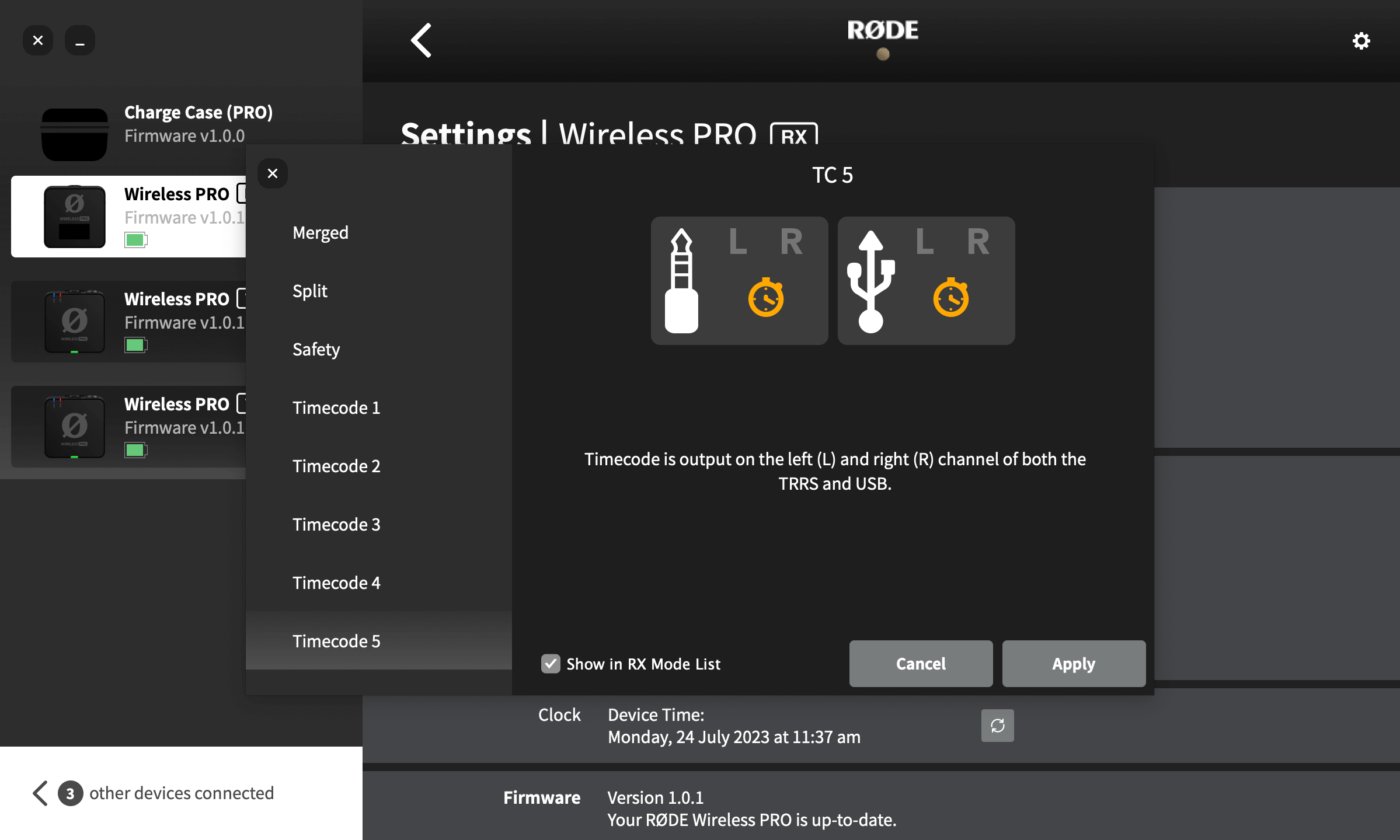 Wireless PRO Timecode Mode 5 settings